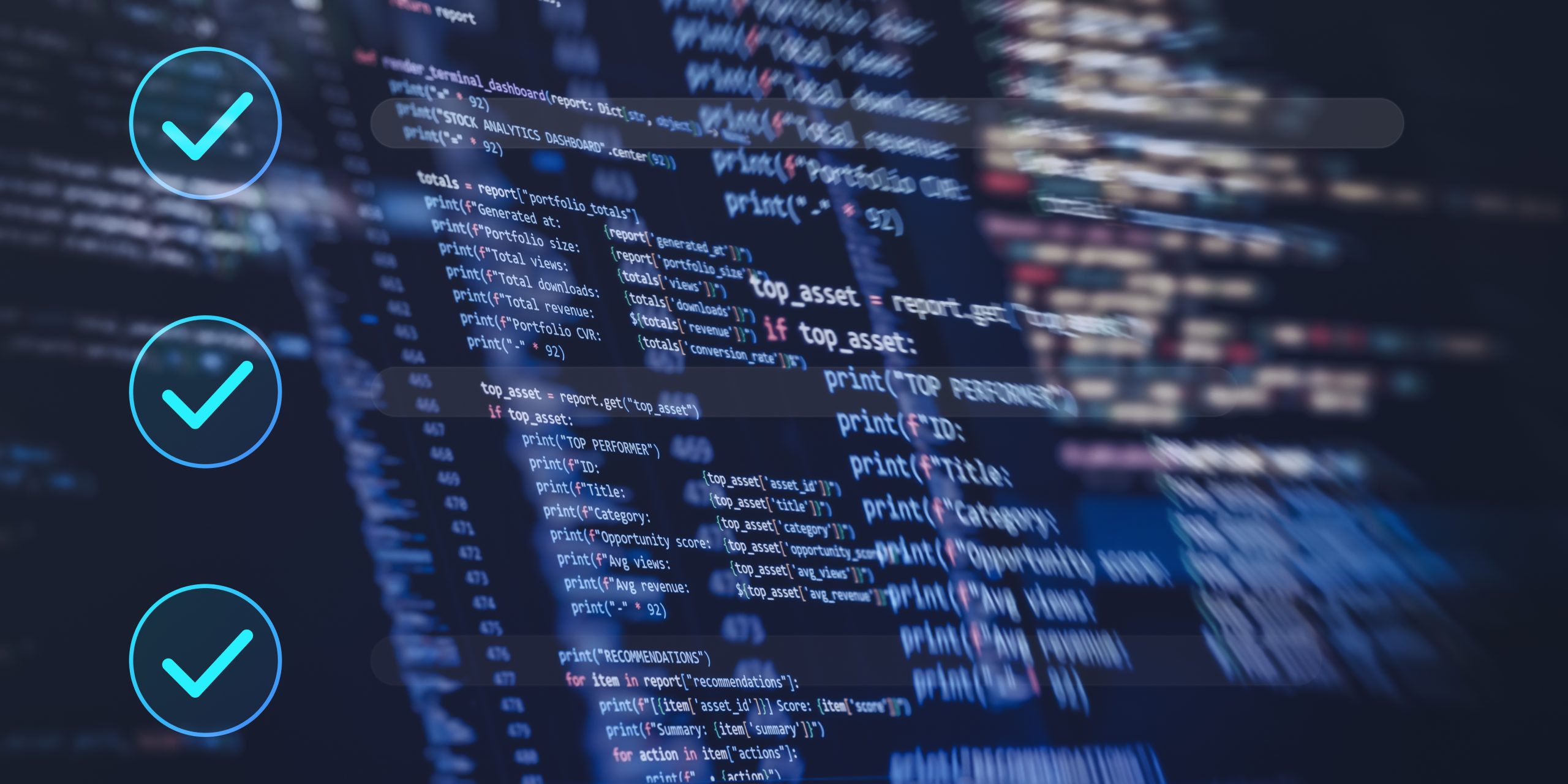 Program code on a dark screen with check mark icons, trading platform software